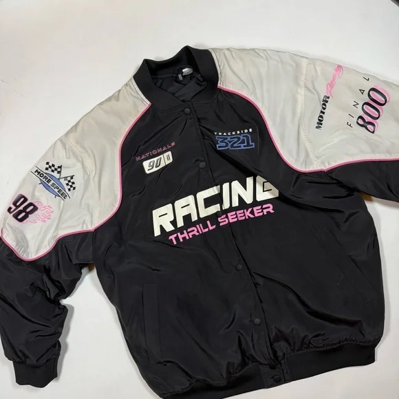 H&M Racing Thrill Seeker Black and Pink Oversized Bomber Jacket sz Small - Picture 9 of 9